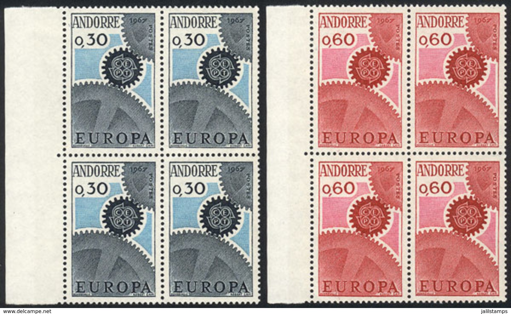 FRENCH ANDORRA: Yvert 179/180, 1967 Topic Europa, MNH Blocks Of 4, Excellent Quality, Catalog Value Euros 100. - Ungebraucht