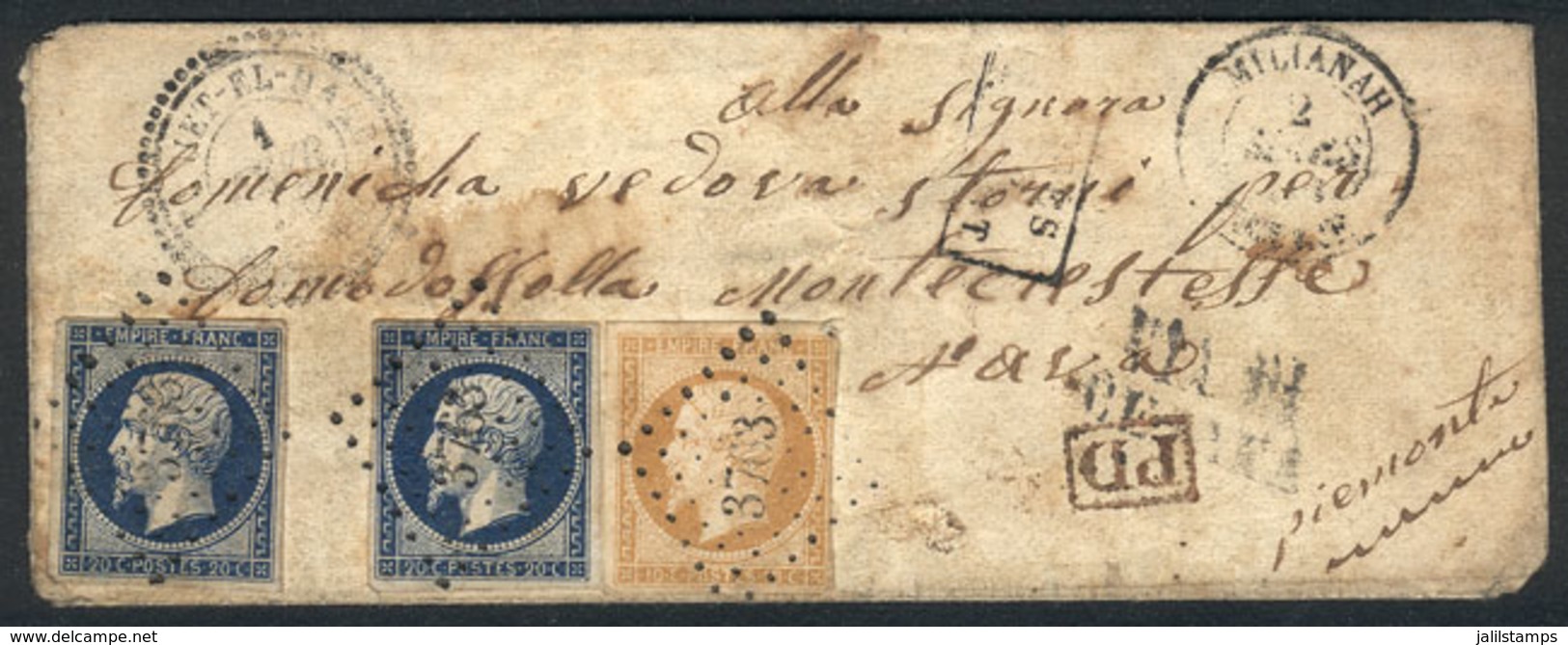 ALGERIA: Small Cover Franked By France Stamps Sc.14 + 15 X2, Sent From TENIET-EL-HAAD To Montecrestesse (Italy) O - Sonstige & Ohne Zuordnung