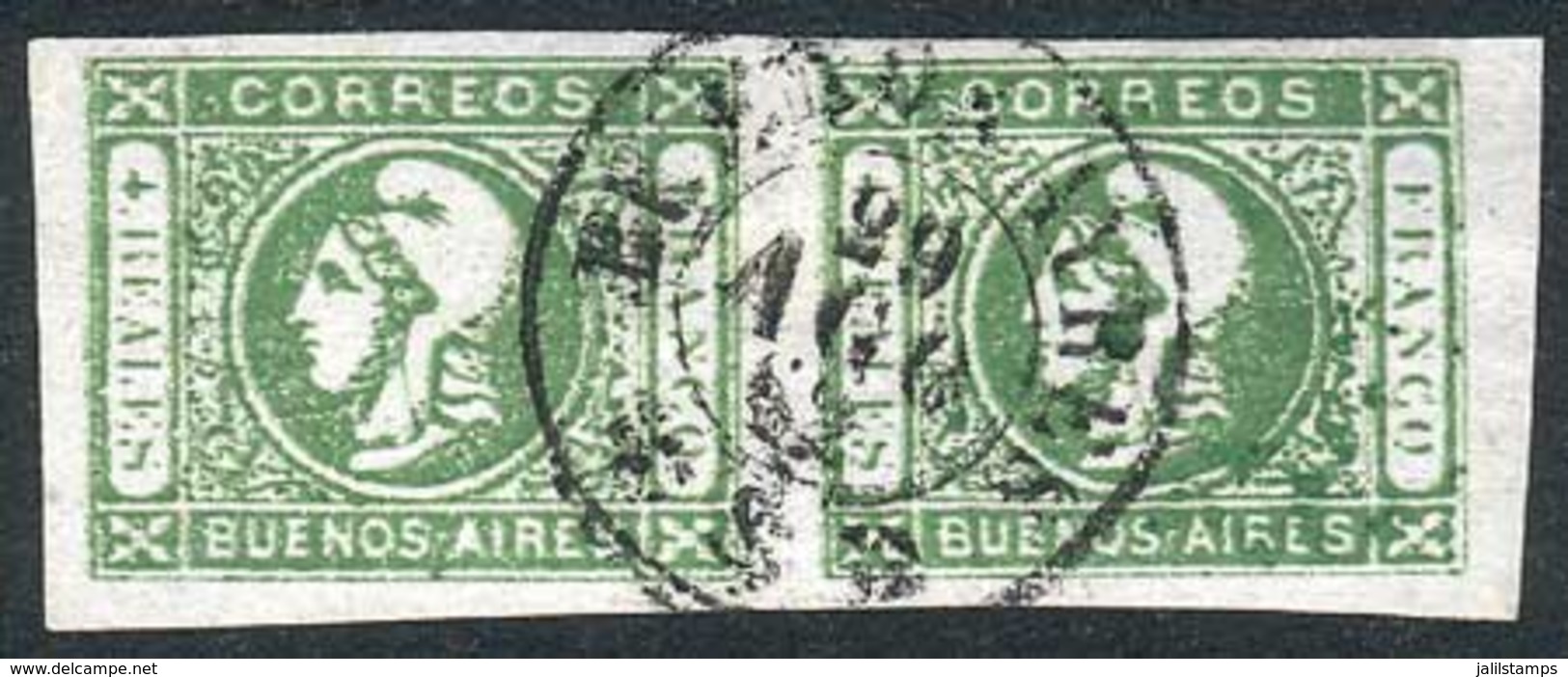 ARGENTINA: GJ.16, 4R Dark Green Worn Impression, Beautiful Horizontal Pair With Buenos Aires Datestamp Of 29/AUG/1862, S - Buenos Aires (1858-1864)