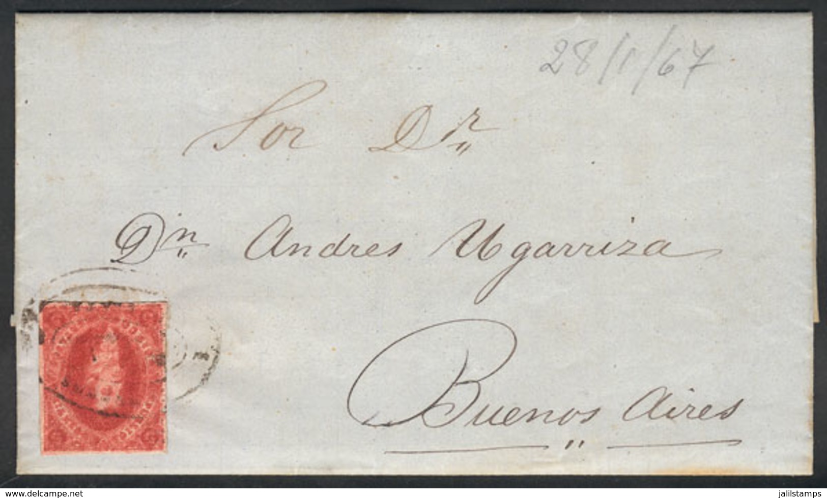 ARGENTINA: GJ.26, 5th Printing, Very Worn Impression, Entire Letter Franked With A Very Nice Example With Rococo Cancel - Sonstige & Ohne Zuordnung