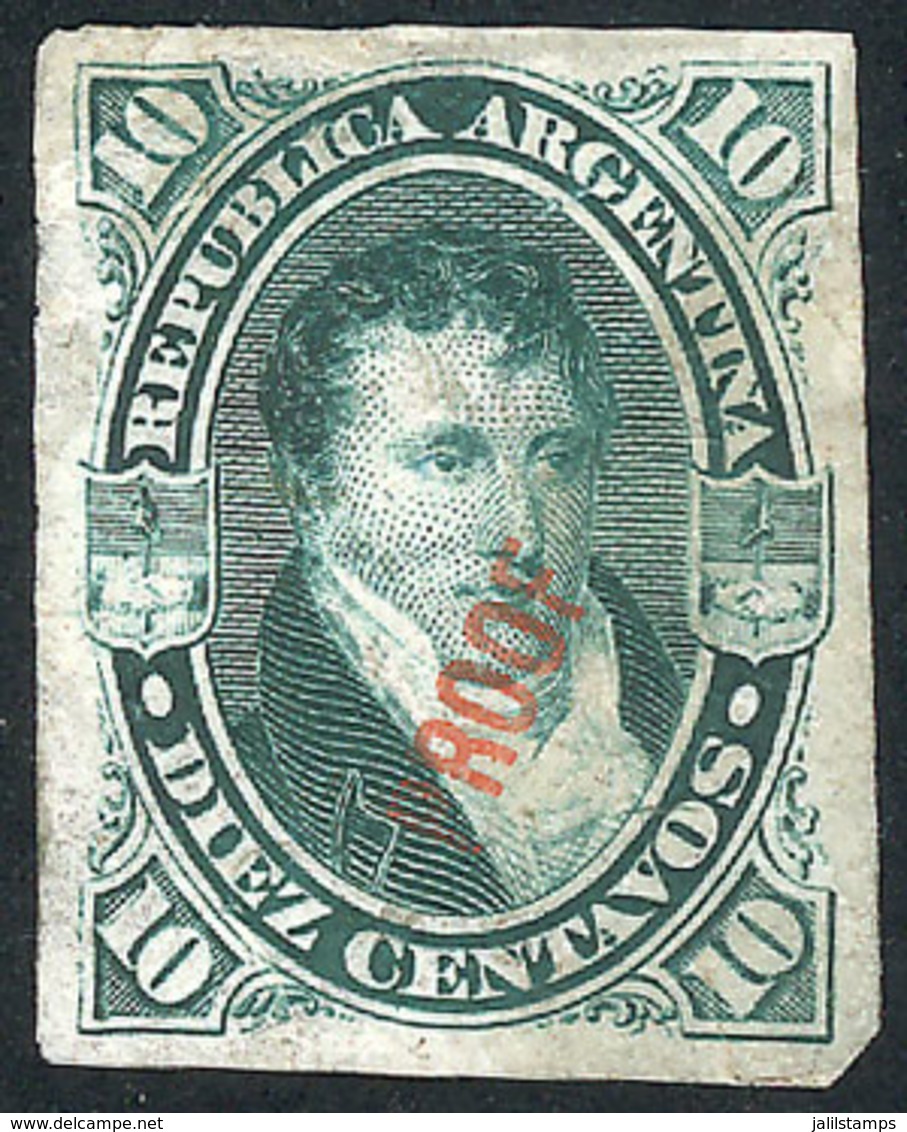 ARGENTINA: GJ.39, 1867 10c. Belgrano, Imperforate PROOF, Printed In The Issued Color On Thin Paper, With Red "PROOF - Autres & Non Classés