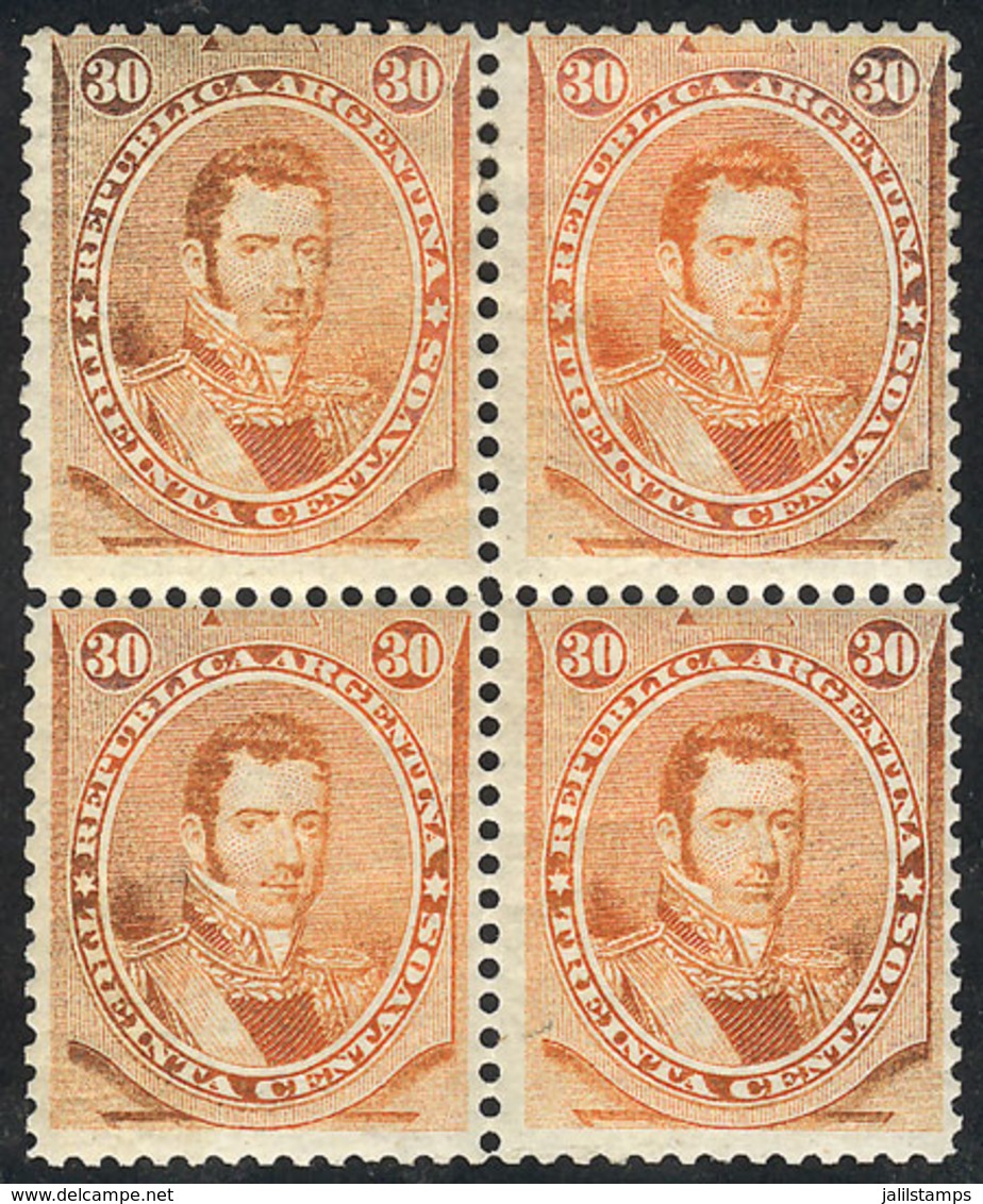 ARGENTINA: GJ.42, 30c. Alvear, MINT BLOCK OF 4 With Original Gum, Very Fine Quality, Very Rare! - Autres & Non Classés