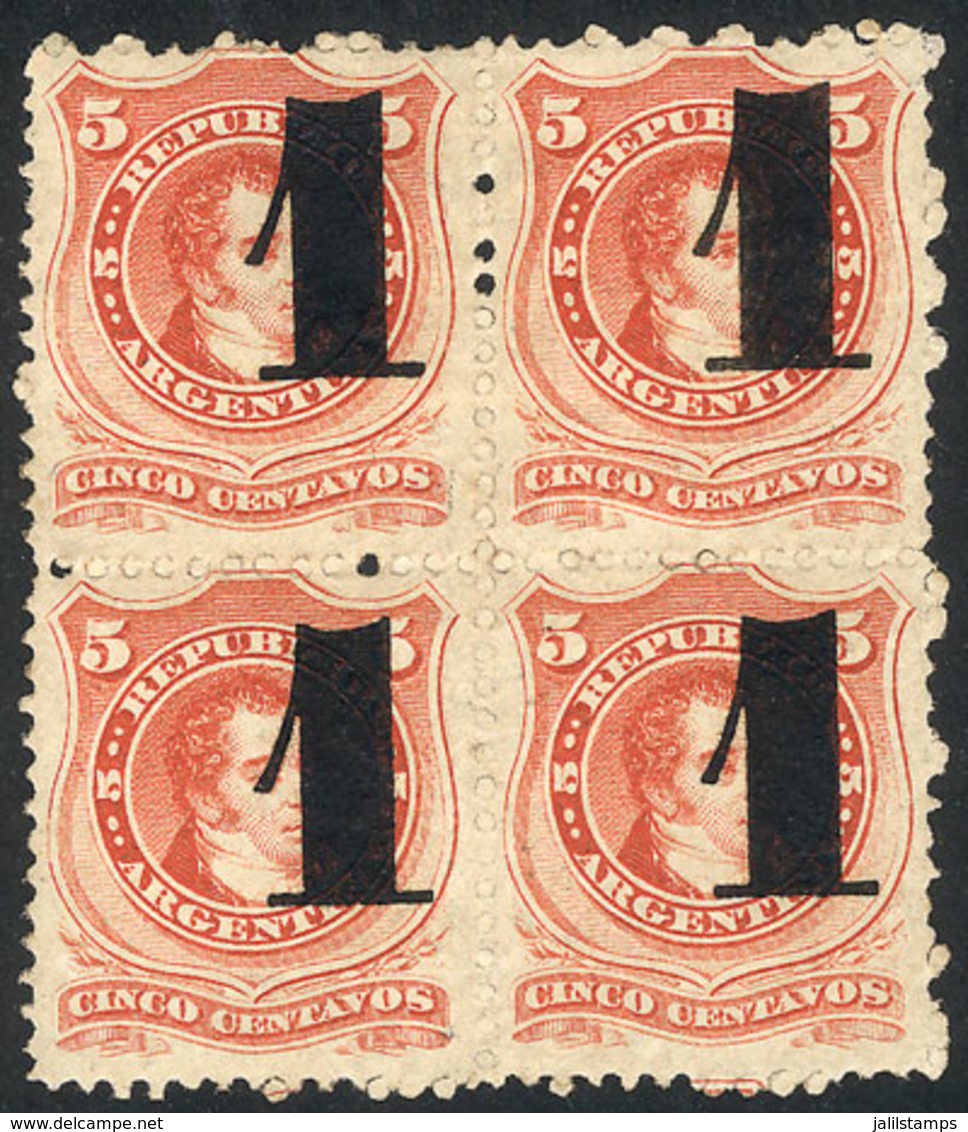 ARGENTINA: GJ.45, 1877 Provisional 1c. On 5c., BLOCK OF 4 Mint With Full Original Gum, The Top Stamps Very Lightly - Other & Unclassified