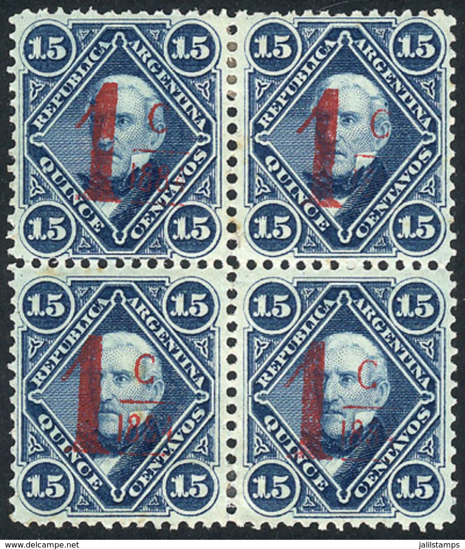 ARGENTINA: GJ.74, 1c. On 15c., Carmine Overprint, Mint Block Of 4, VF Quality! - Altri & Non Classificati