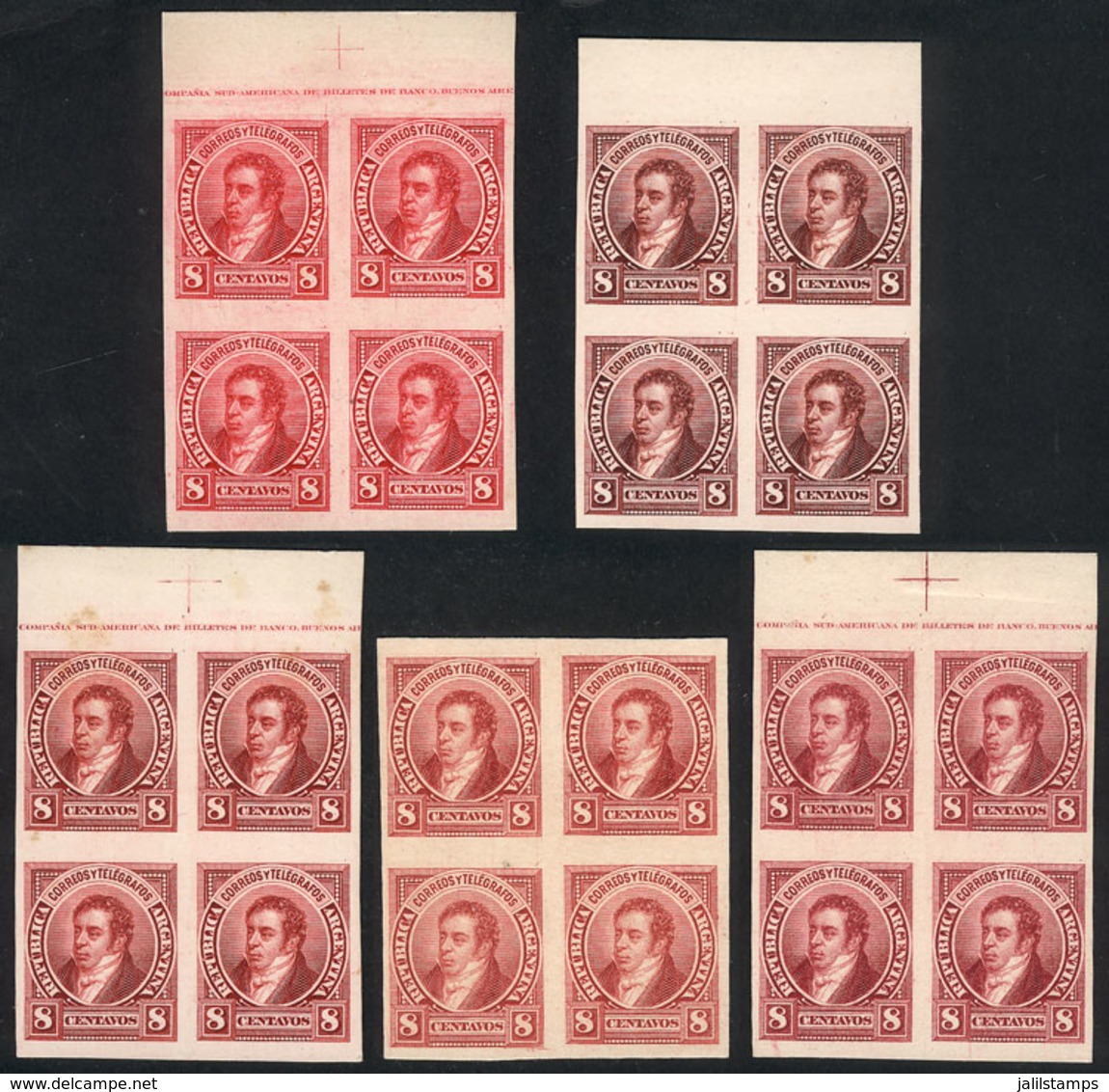 ARGENTINA: GJ.109, 1889 8c. Rivadavia, Trial Color PROOFS, 5 Blocks Of 4 Printed On Card, In Red-rose, Claret-rose, - Sonstige & Ohne Zuordnung