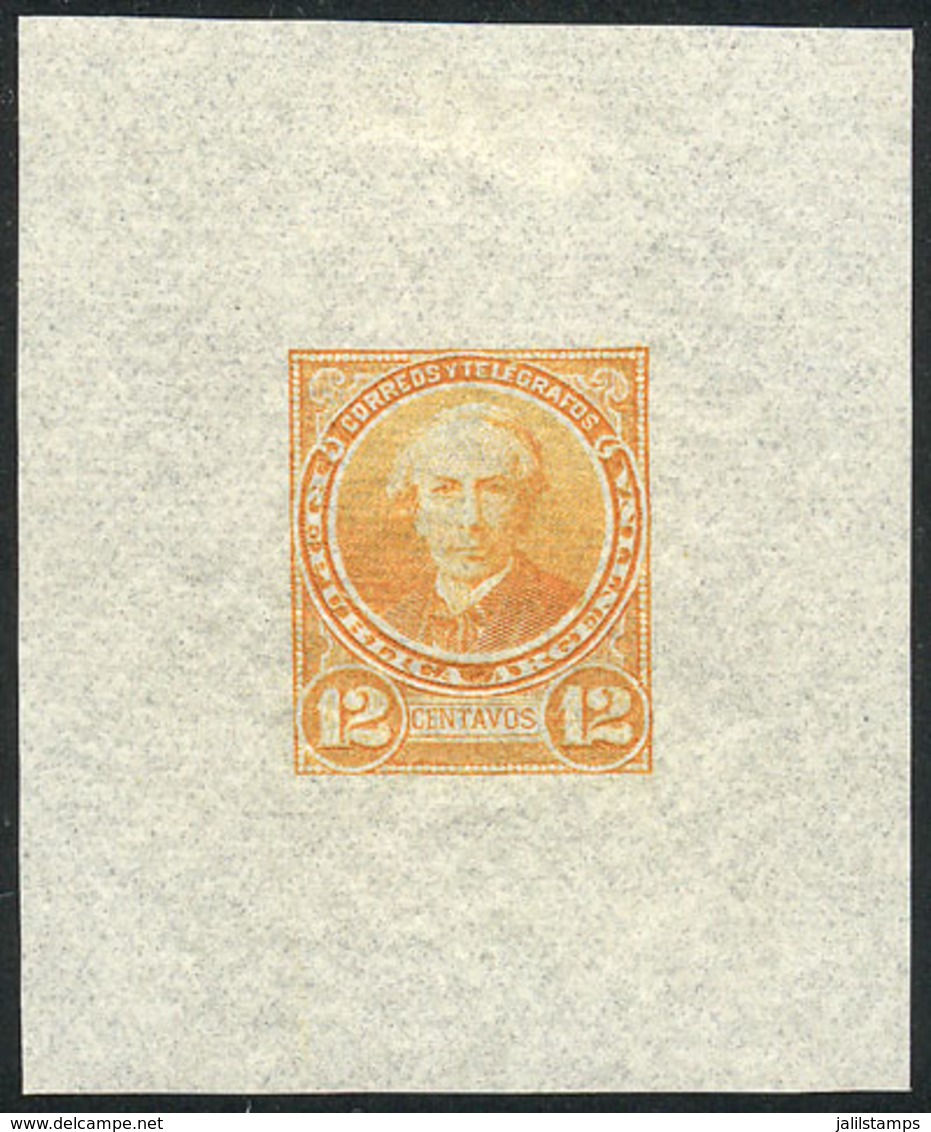 ARGENTINA: GJ.111, 12c. Alberdi, Die Proof Printed In Yellowish Orange Color On Very Thin Paper (India), Excellent - Autres & Non Classés