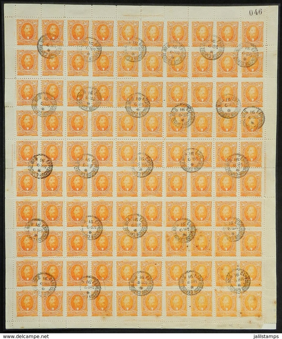 ARGENTINA: GJ.113, 1889 50c. Mitre, COMPLETE SHEET Of 100 Stamps With Expedición Cancel (bulk Mailing), VF And Very - Sonstige & Ohne Zuordnung