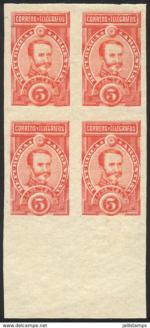 ARGENTINA: GJ.116, 5P. Lamadrid, Proof In Orange-red, Block Of 4 Printed On Thin Paper, Excellent Quality, Rare! - Autres & Non Classés