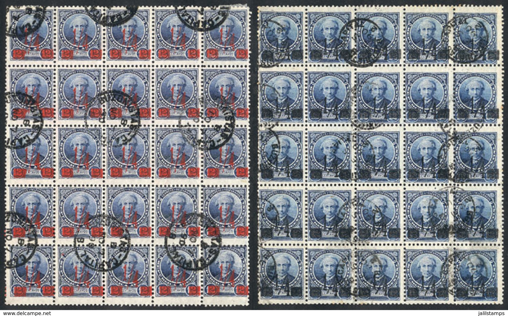 ARGENTINA: GJ.133/134, 1890 Provisionals, Cmpl. Set Of 2 Values Perf 11½x12 In Used BLOCKS OF 25, Excellent Quality - Sonstige & Ohne Zuordnung