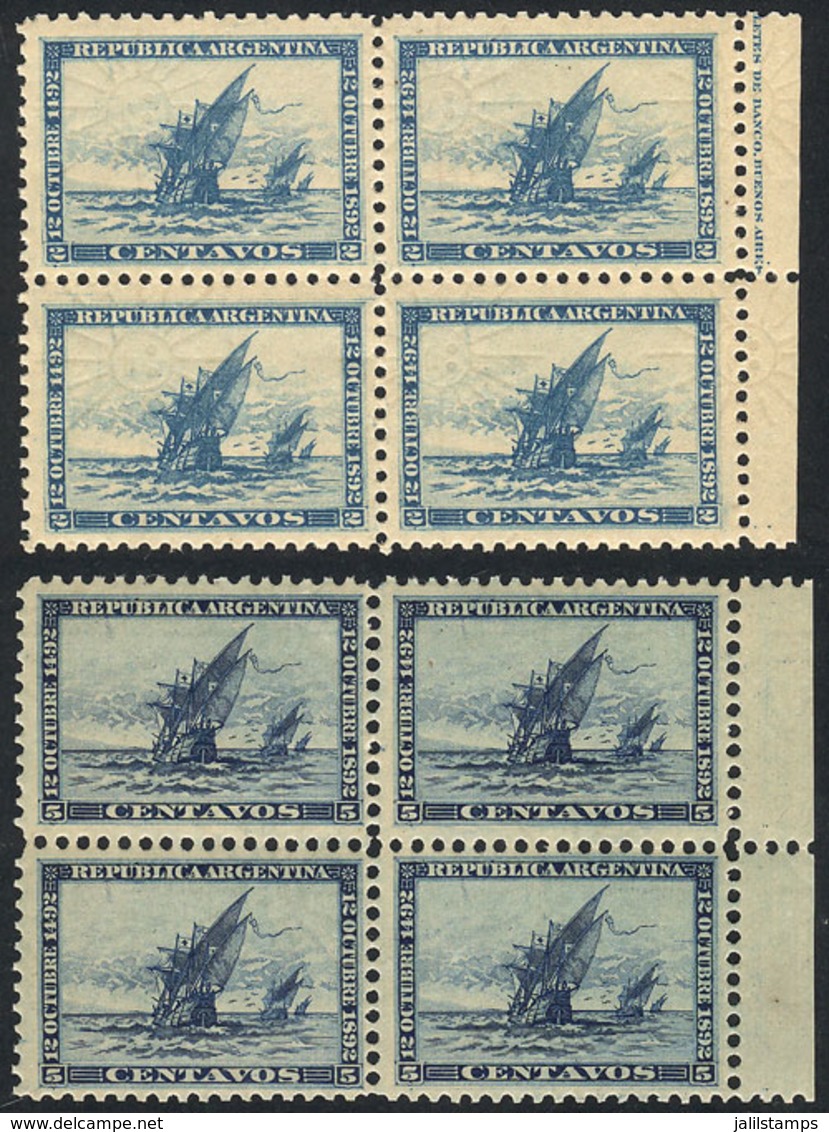 ARGENTINA: GJ.135/136, 1892 Discovery Of America 400 Years, The Cmpl. Set Of 2 Values In MNH Blocks Of 4, Fresh, Pe - Sonstige & Ohne Zuordnung
