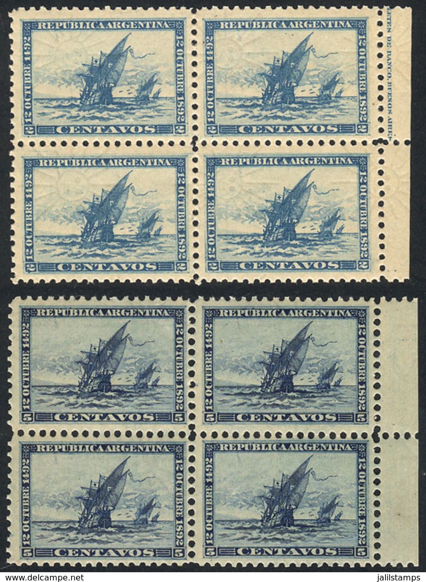 ARGENTINA: GJ.135/136, 1892 Discovery Of America 400 Years, The Cmpl. Set Of 2 Values In MNH Blocks Of 4, Fresh, Pe - Altri & Non Classificati