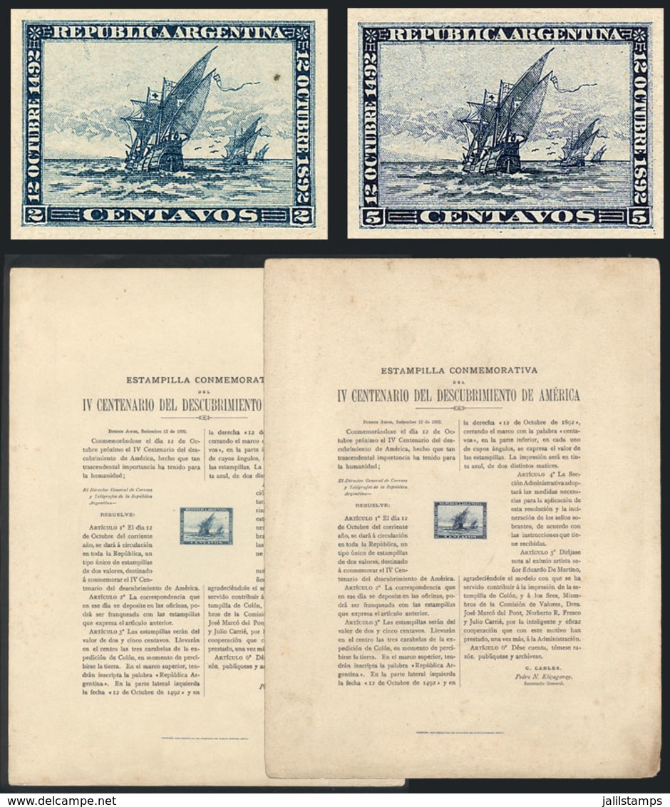 ARGENTINA: GJ.135/136, 1892 Discovery Of America, Cmpl. Set Of 2 Values, DIE PROOFS Along With The Drecree Of The I - Autres & Non Classés