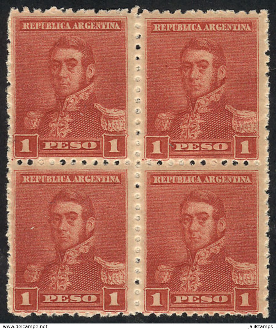 ARGENTINA: GJ.149, 1892 San Martín 1P. With Small Sun Wmk, BRICK RED Color, MNH Block Of 4, Excellent, Catalog Valu - Autres & Non Classés