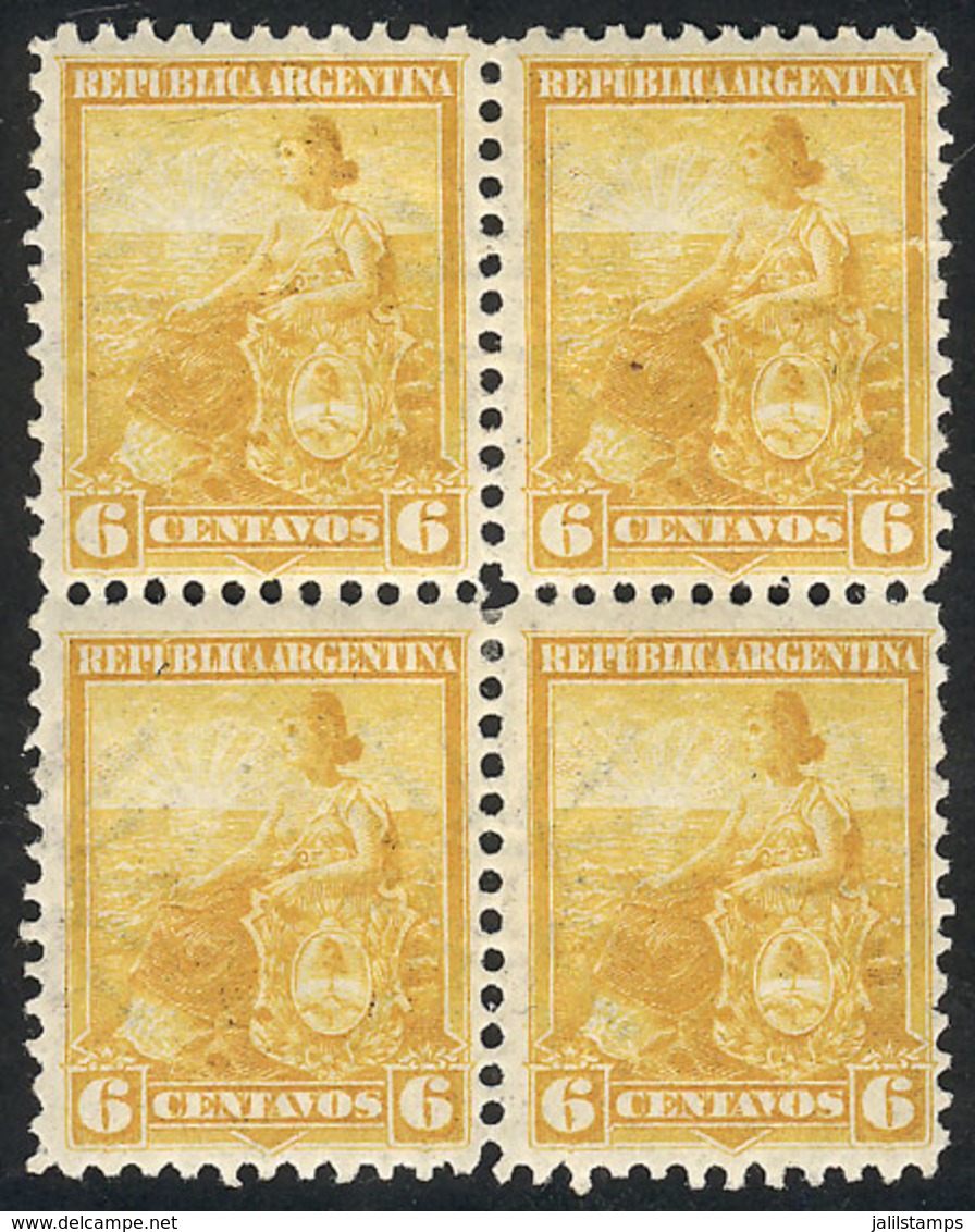 ARGENTINA: GJ.223, 6c. Liberty, PROOF In Dark Yellow, Block Of 4 On Original Paper With Gum And Watermark, Perf 11½ - Otros & Sin Clasificación