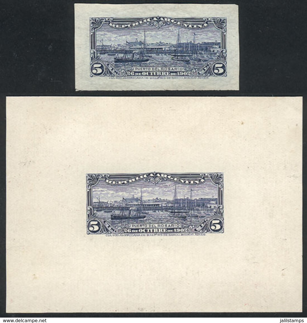 ARGENTINA: GJ.273, 1902 Port Of Rosario, DIE PROOFS: One Printed On Thin Paper In Bright Blue, And One Printed On C - Altri & Non Classificati