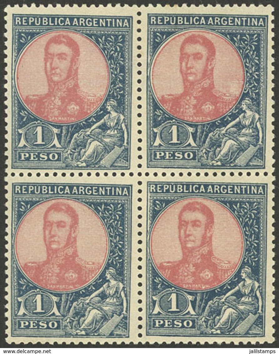 ARGENTINA: GJ.299, 1908 1P. San Martín In Oval, Block Of 4 In VERY Dark Blue, Excellent Quality (2 Stamps MNH) - Sonstige & Ohne Zuordnung