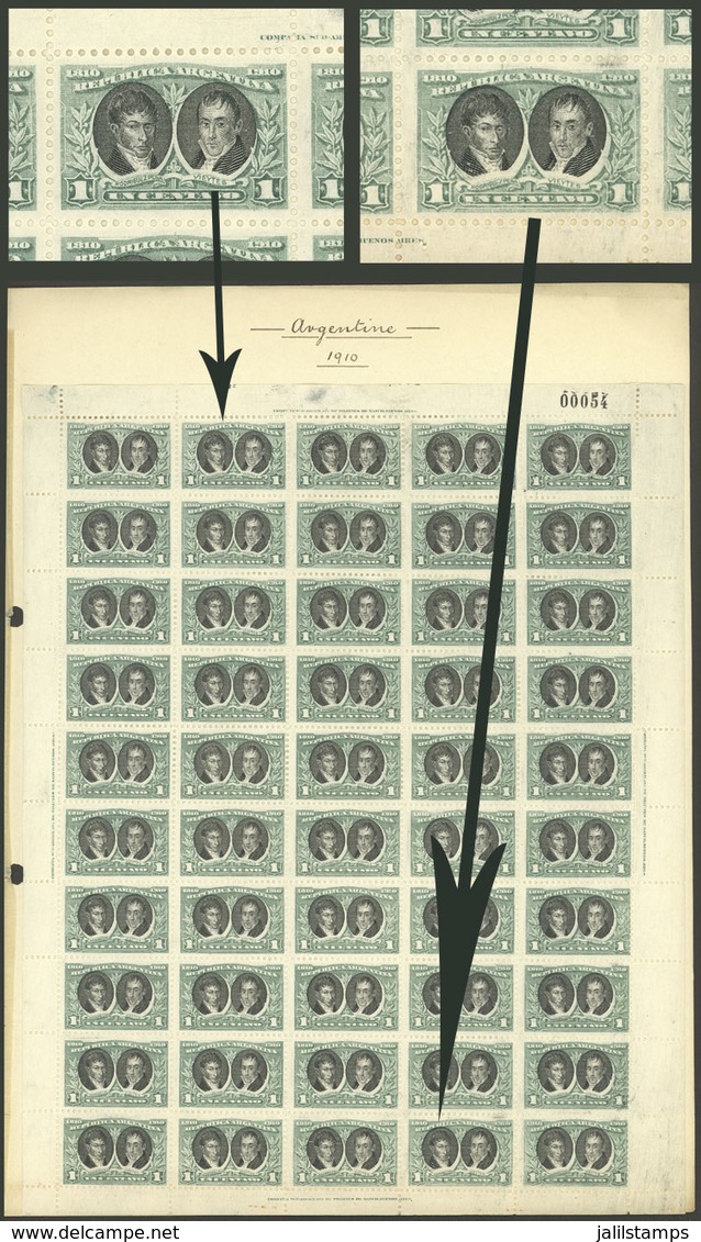ARGENTINA: GJ.301, 1c. Rodriguez Peña & Vieytes, COMPLETE SHEET Of 50 Stamps With Variety: The Black Center Is Well - Sonstige & Ohne Zuordnung
