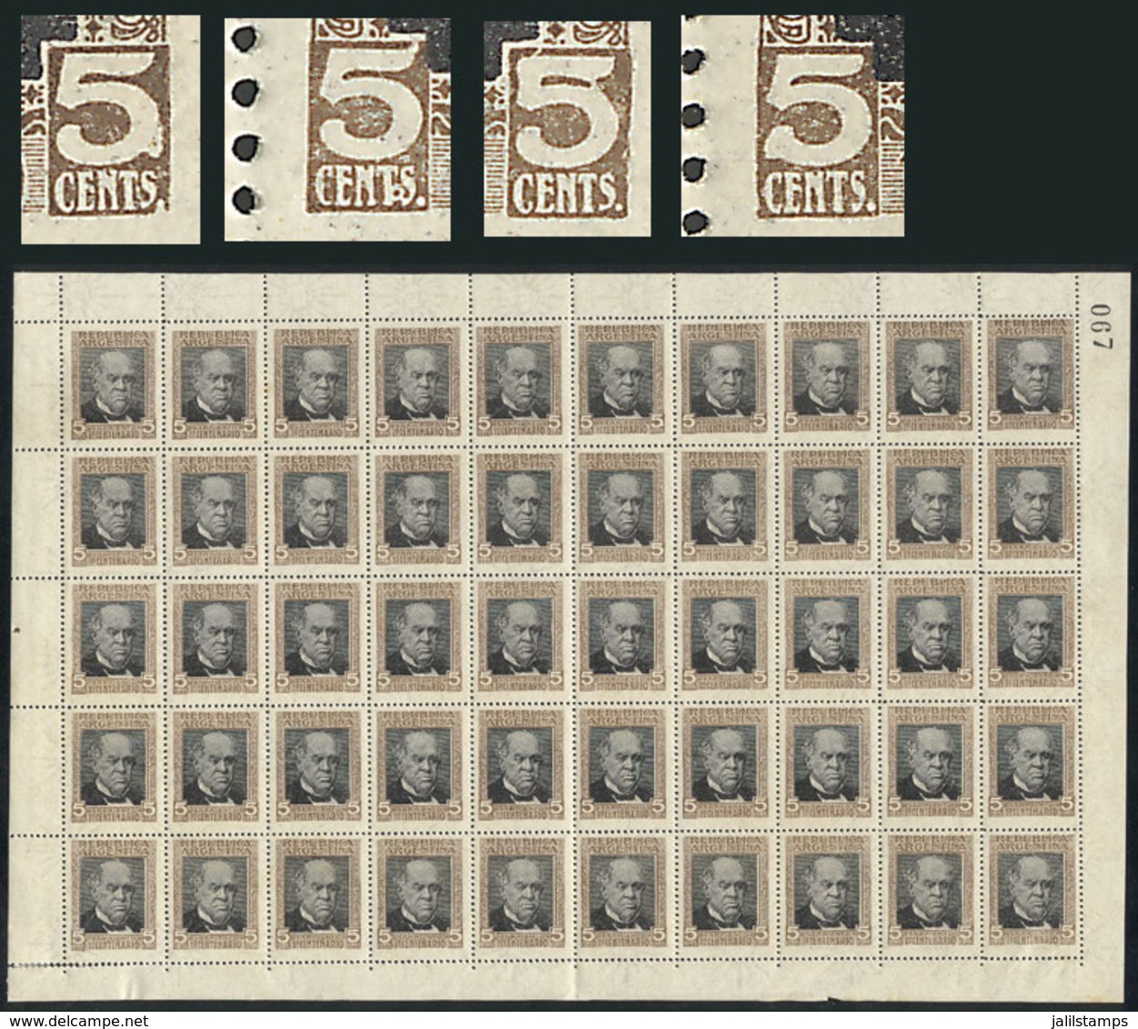 ARGENTINA: GJ.316 + 316a + 316b + 316c + 316d, 1911 Sarmiento, Complete Sheet Of 50 Stamps, Including The 4 Varieti - Otros & Sin Clasificación