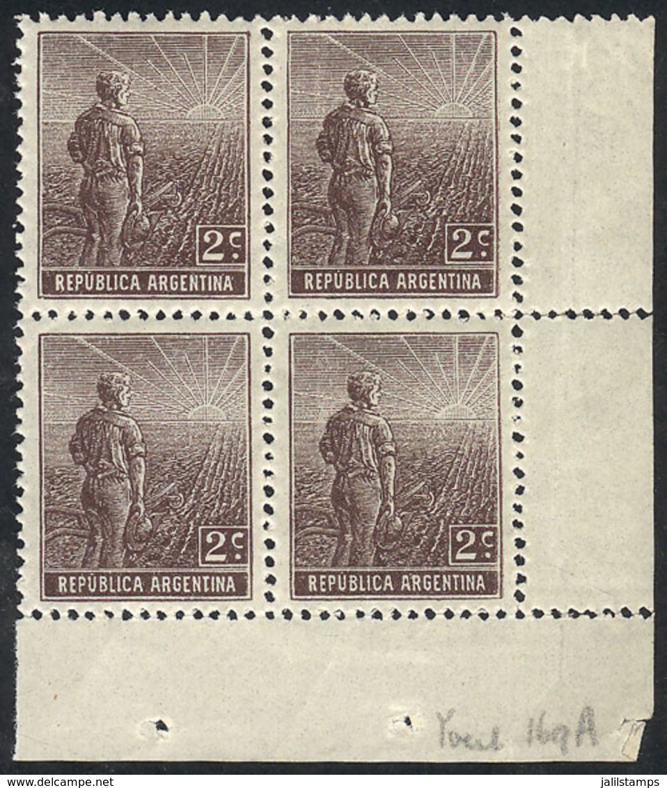 ARGENTINA: GJ.327, 1911 Plowman 2c. With Sun Wmk, Perf 13½, Fantastic Corner Block Of 4, As Fresh And Perfect As Th - Autres & Non Classés