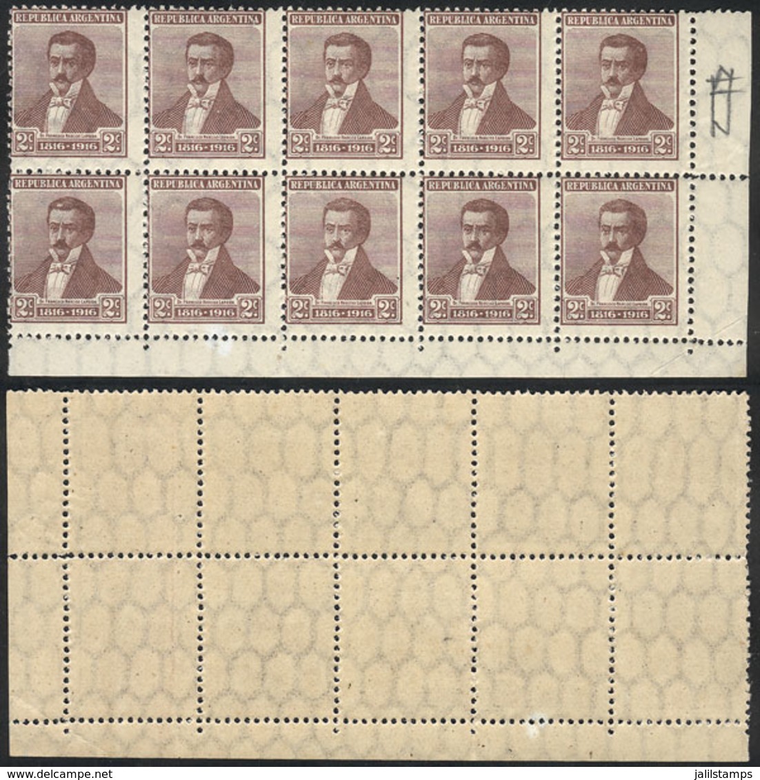 ARGENTINA: GJ.398, 2c. Laprida, Corner Block Of 10, The Top Stamps With An Interesting WATERMARK VARIETY: One Row O - Autres & Non Classés