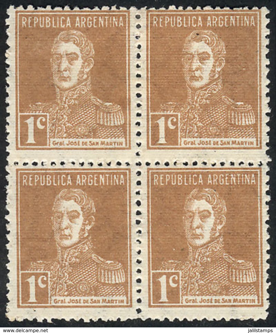 ARGENTINA: GJ.612, 1c. San Martín, RIBBED PAPER, Mint Block Of 4 (bottom Stamps Are MNH), VF Quality! - Autres & Non Classés