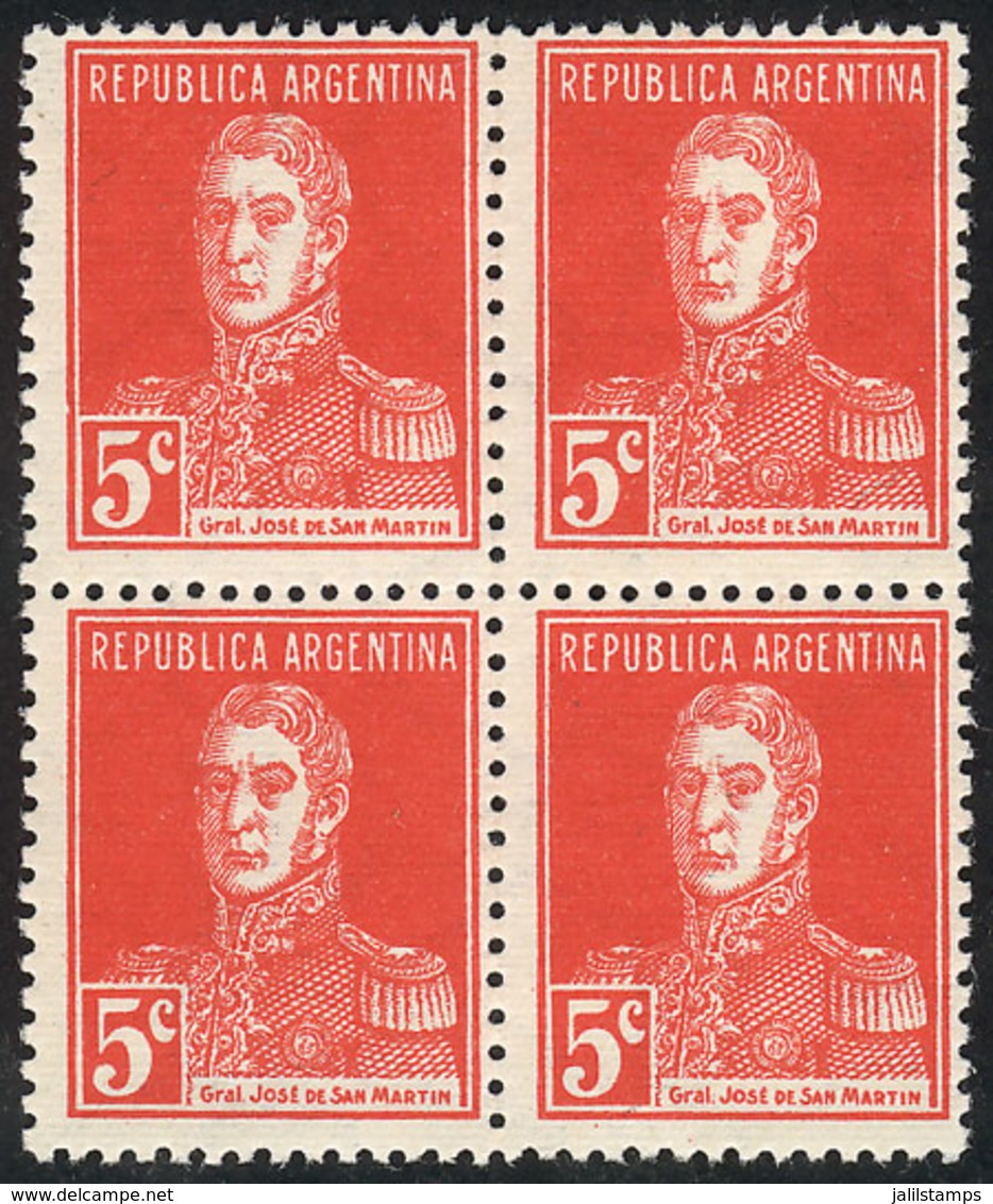 ARGENTINA: GJ.614, Block Of 4 Of 5c. San Martín Printed On RIBBED PAPER, As Fresh And Impeccable As The Day It Was - Autres & Non Classés