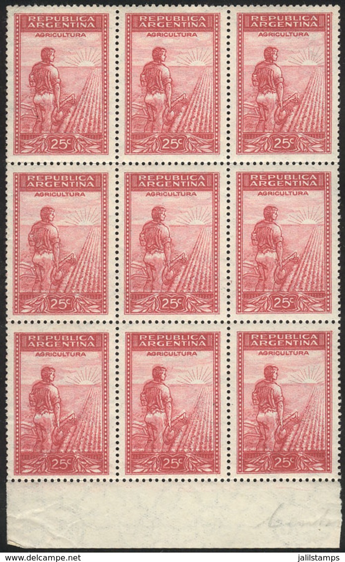 ARGENTINA: GJ.756, 25c. Plowman, Block Of 9 With VARIETY: Shifted Colors, It Appears To Be A Double Impression, MNH - Andere & Zonder Classificatie