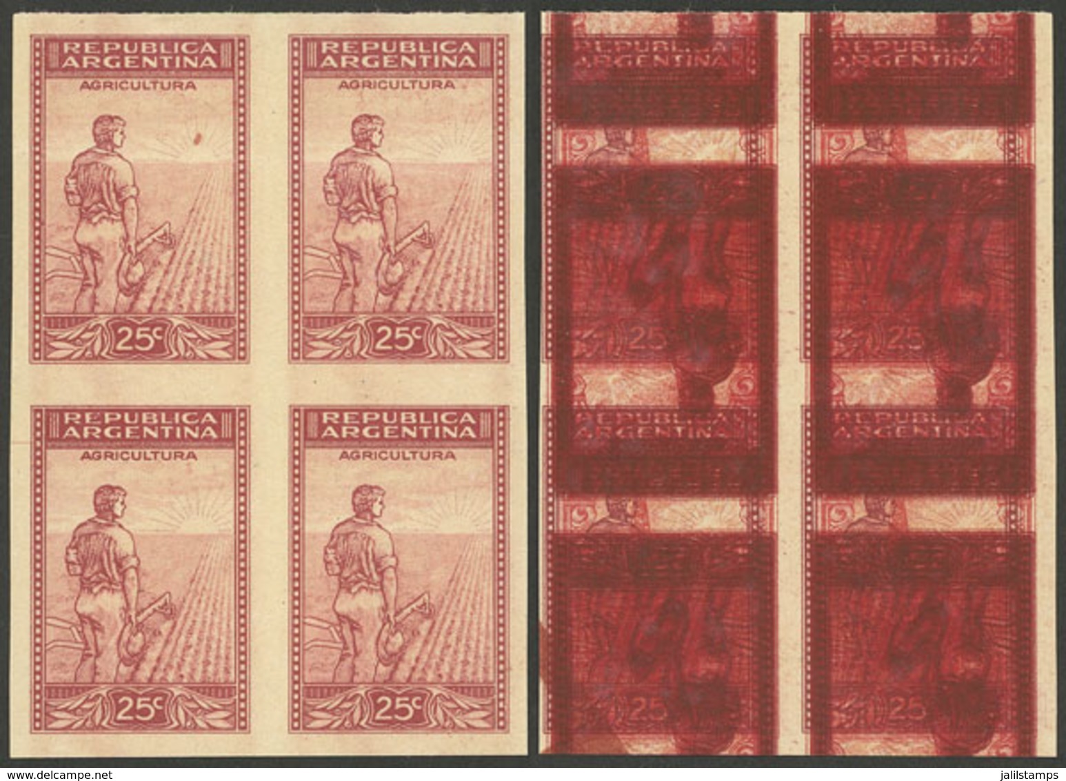 ARGENTINA: GJ.756, 1935 25c. Plowman, PROOF In The Issued Color, Imperf Block Of 4 Printed On Unwatermarked Paper, - Sonstige & Ohne Zuordnung