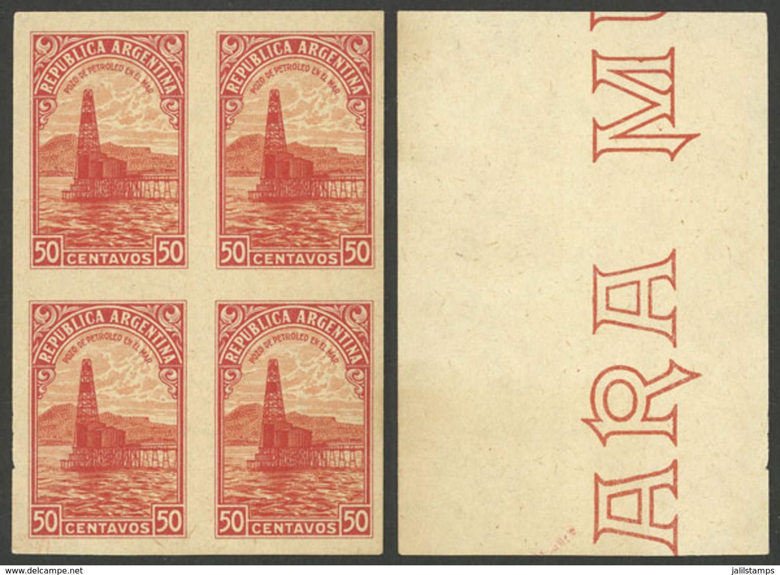 ARGENTINA: GJ.759, 1935 50c. Petroleum, PROOF In The Issued Color, Imperforate Block Of 4 Printed On Special Paper - Altri & Non Classificati