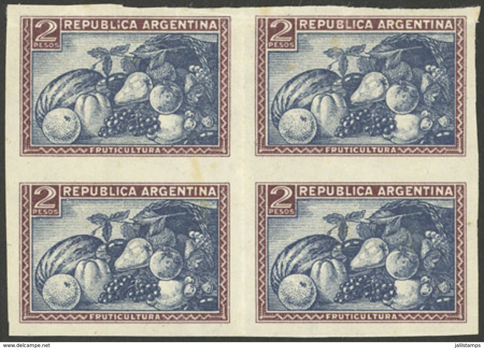 ARGENTINA: GJ.762, 1935 Fruit 2P. PROOF In The Issued Colors, Imperforate Block Of 4 Printed On Unwatermarked Paper - Sonstige & Ohne Zuordnung