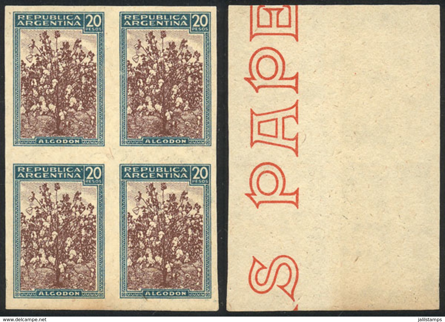 ARGENTINA: GJ.765, 20P. Cotton, Trial Color Proof, Block Of 4 Printed In The Adopted Colors On Special Paper For Sp - Altri & Non Classificati