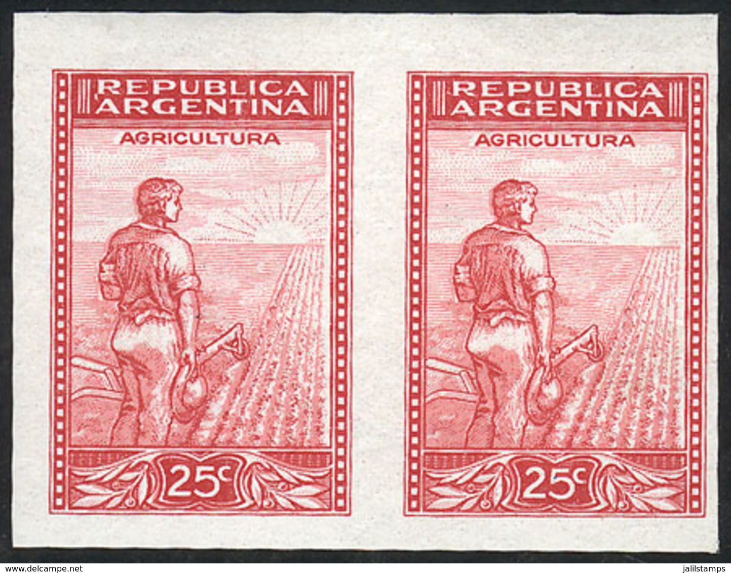 ARGENTINA: GJ.766, 25c. Plowman Printed On Chalky Paper, IMPERFORATE PAIR, MNH, Excellent Quality! - Sonstige & Ohne Zuordnung
