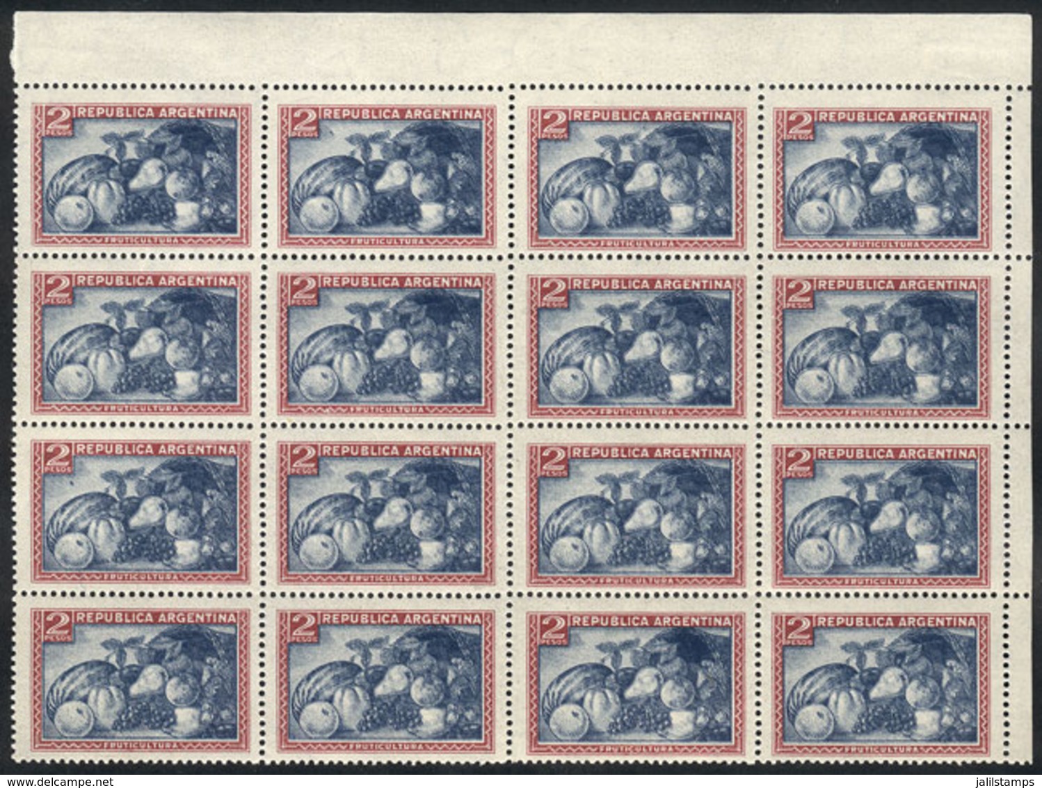 ARGENTINA: GJ.779d, 2P. Fruit On National Unsurfaced Paper, Fantastic Corner Block Of 16 With Variety: DOUBLE IMPRE - Autres & Non Classés