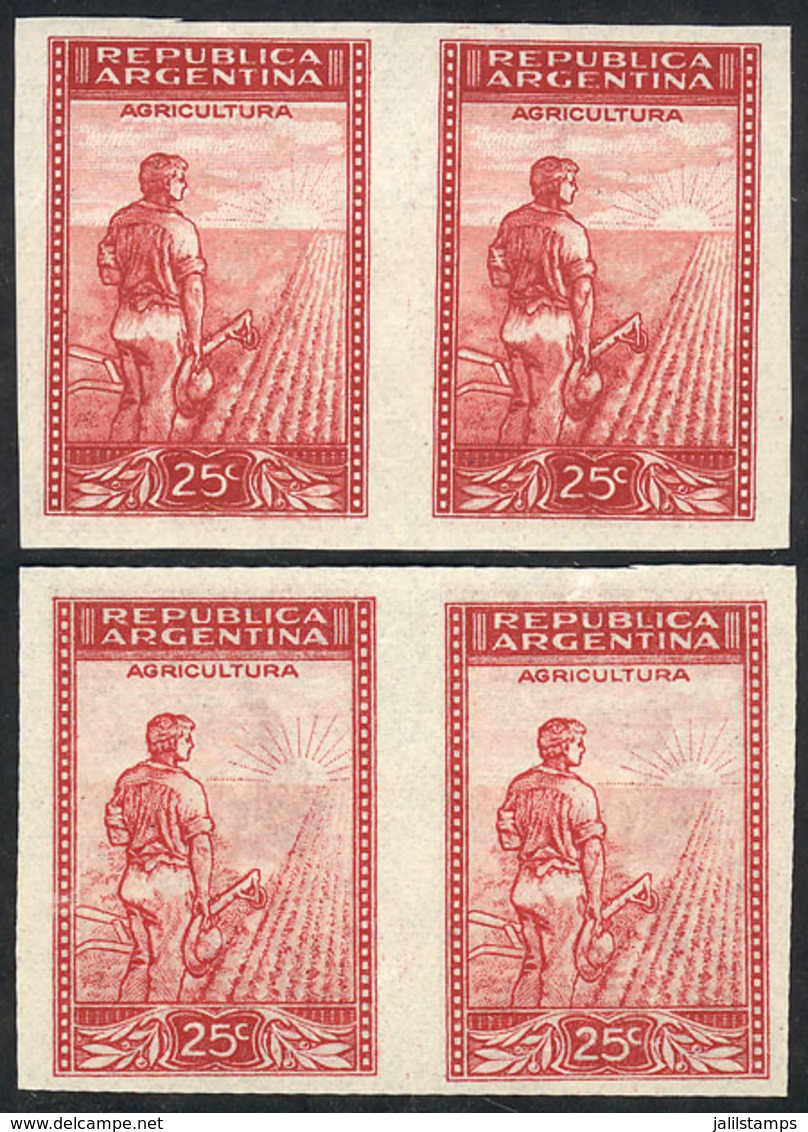 ARGENTINA: GJ.808P, 25c. Plowman, Unwatermarked, IMPERFORATE PAIR With DOUBLE IMPRESSION, One On Back On Gum, Excel - Other & Unclassified