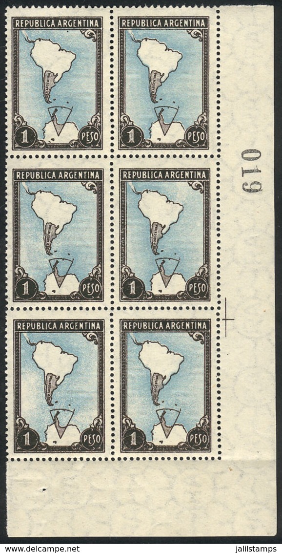 ARGENTINA: GJ.876A, 1P. Map With Antarctica, BLACK FRAME Variety, Fantastic Corner Block Of 6 With Sheet Number, Po - Other & Unclassified