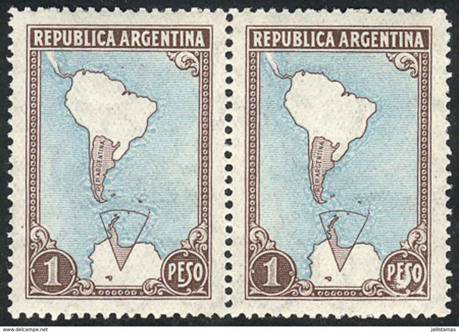 ARGENTINA: GJ.880, 1P. Map With Antarctica, Pair, Both With Variety: ROUGH SEA" (very Marked Swell Around The Conti - Other & Unclassified