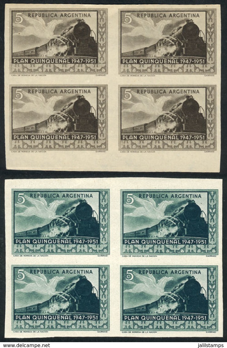 ARGENTINA: GJ.997, 1951 Quinquennial Plan 5c. (Train And Pegassus), TRIAL COLOR PROOFS, 2 Imperforate Blocks Of 4 P - Other & Unclassified