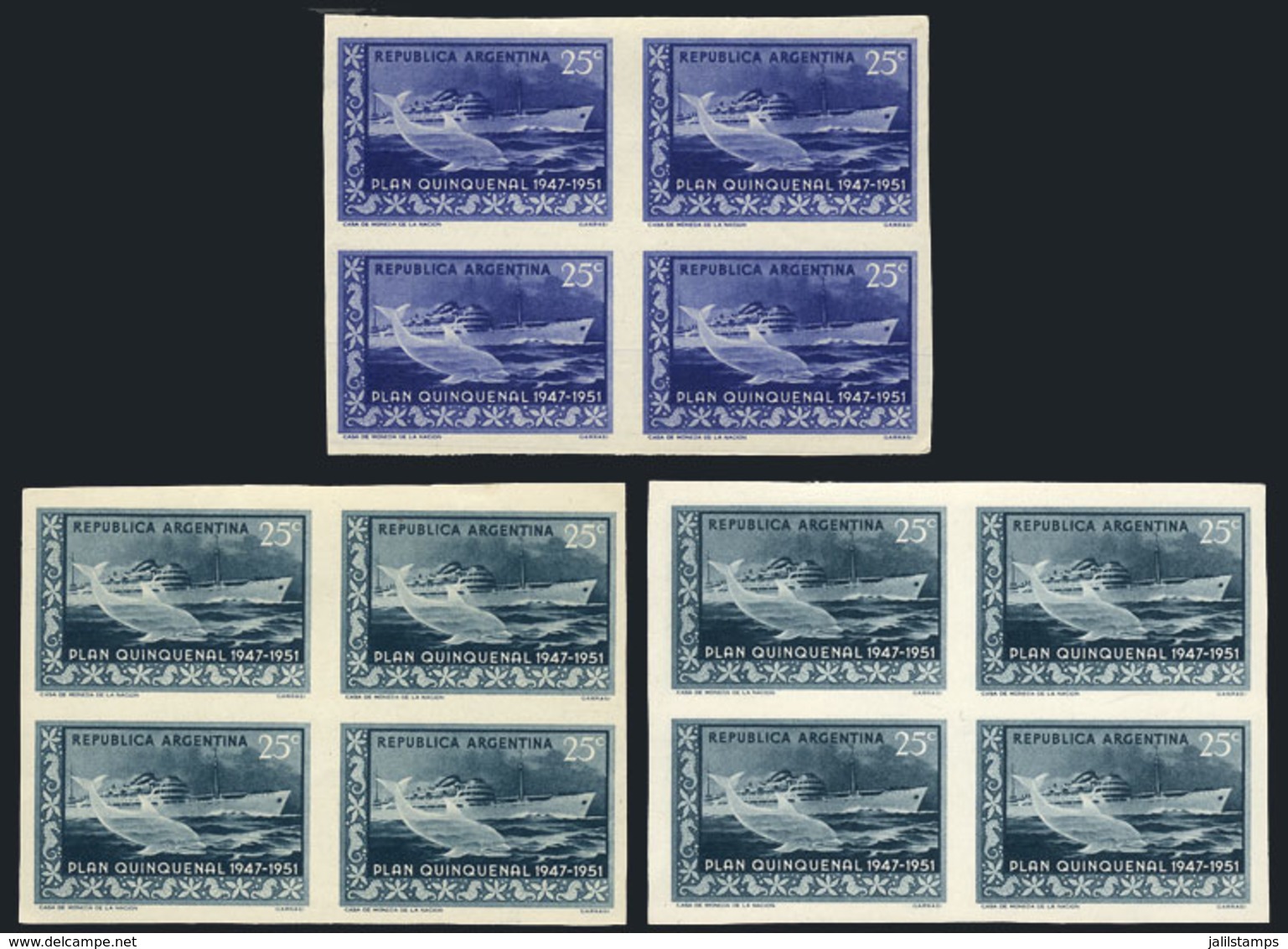 ARGENTINA: GJ.999, 1951 Quinquennial Plan 25c. (Ship And Dolphin), TRIAL COLOR PROOFS, 3 Imperforate Blocks Of 4 Pr - Other & Unclassified