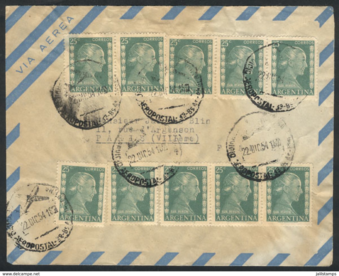 ARGENTINA: GJ.1007A, 25c. Eva Perón National Unsurfaced Paper, 10 Examples Franking An Airmail Cover Sent To France - Autres & Non Classés