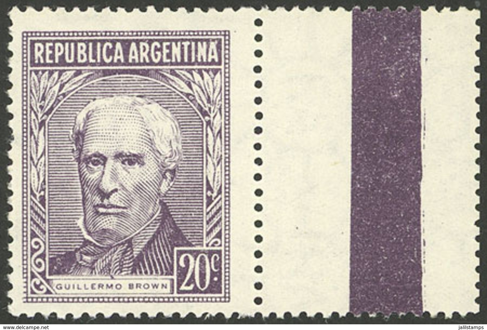 ARGENTINA: GJ.1037dCD, 1954/7 20c. Brown Type B, Gaufré Paper ('gofrado') And WITH LABEL AT RIGHT, VF Quality! - Altri & Non Classificati