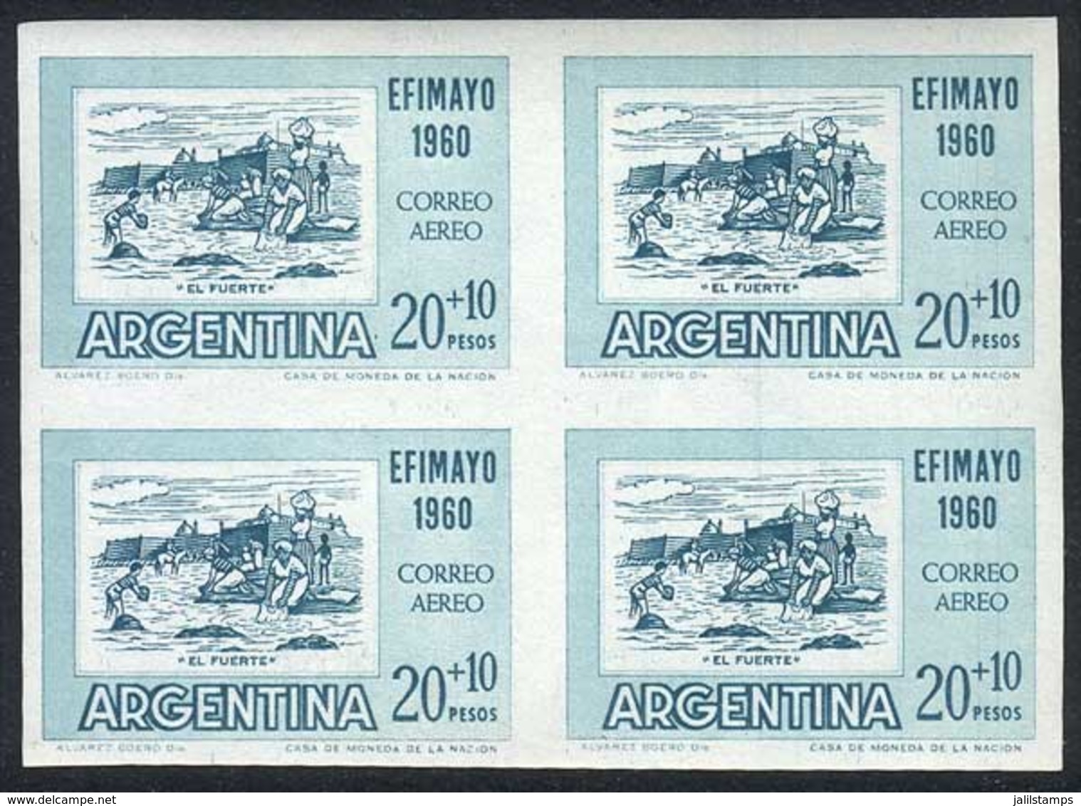 ARGENTINA: GJ.1186P, 1960 EFIMAYO Philatelic Exposition, The Fort (washerwomen, Horse), IMPERFORATE BLOCK OF 4 Mint - Autres & Non Classés