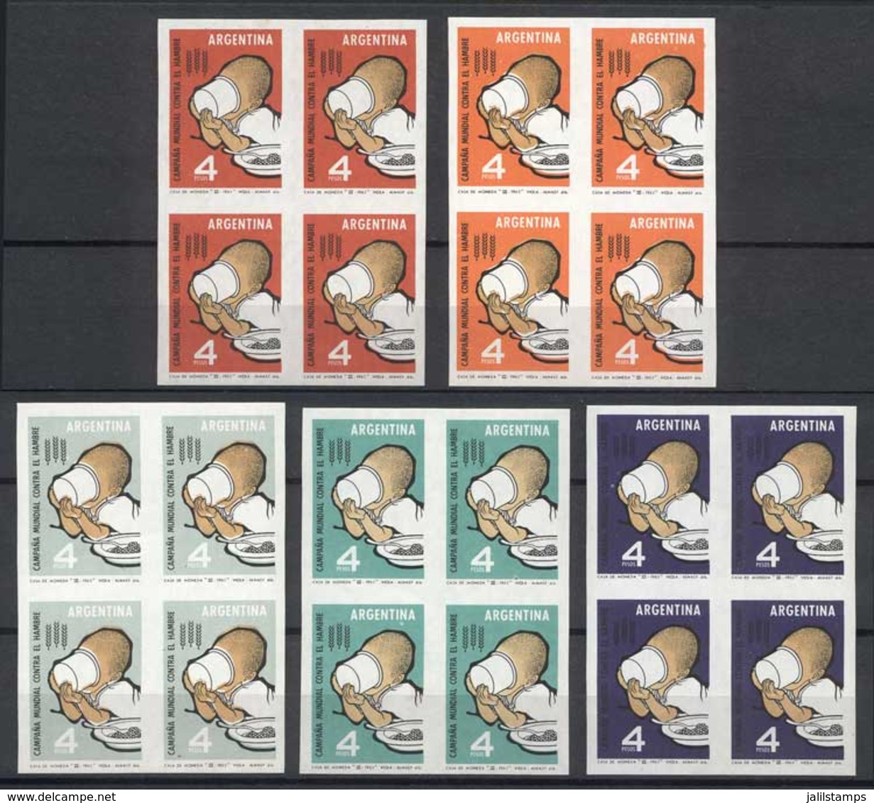 ARGENTINA: GJ.1250P, 1963 Fight Against Hunger, 5 IMPERFORATE BLOCKS OF 4, Original Color And 4 Proofs, Excellent Q - Autres & Non Classés