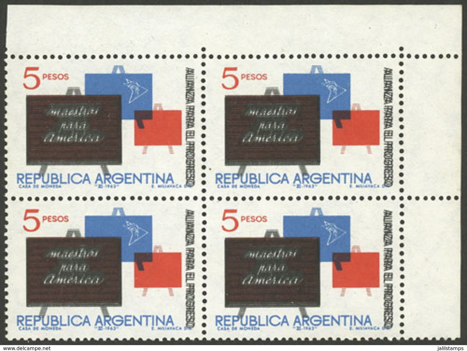 ARGENTINA: GJ.1267a, 1963 Alliance For Progress, Corner Block Of 4 With Complete And Very Notable DOUBLE IMPRESSION - Altri & Non Classificati