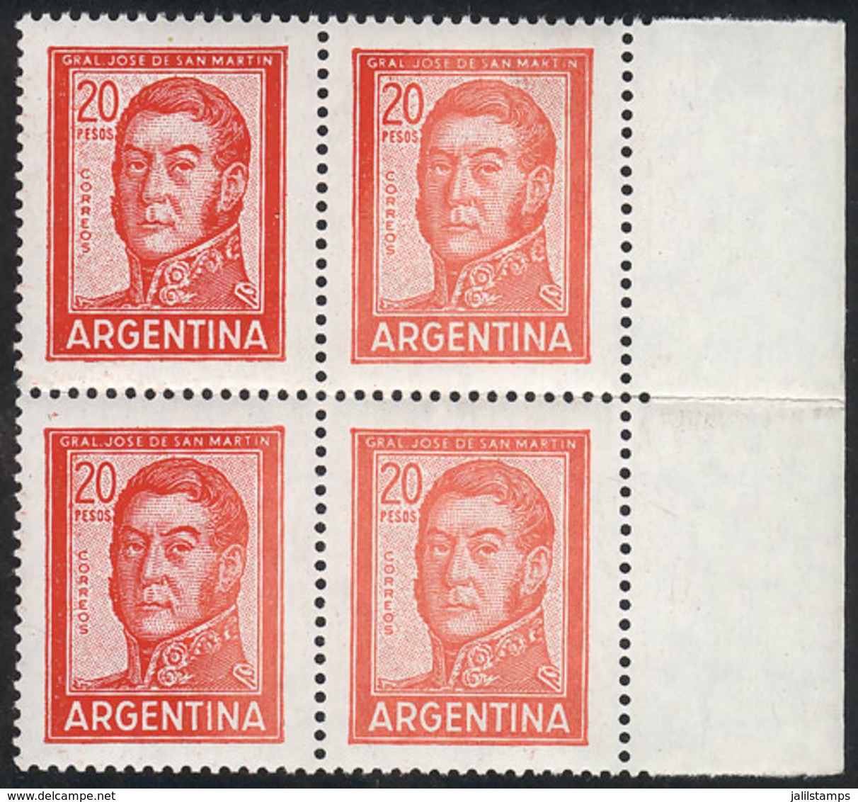 ARGENTINA: GJ.1310, 20P. San Martín, Block Of 4 With VARIETY: Left Stamps In Normal Color, And The Right Stamps In - Andere & Zonder Classificatie