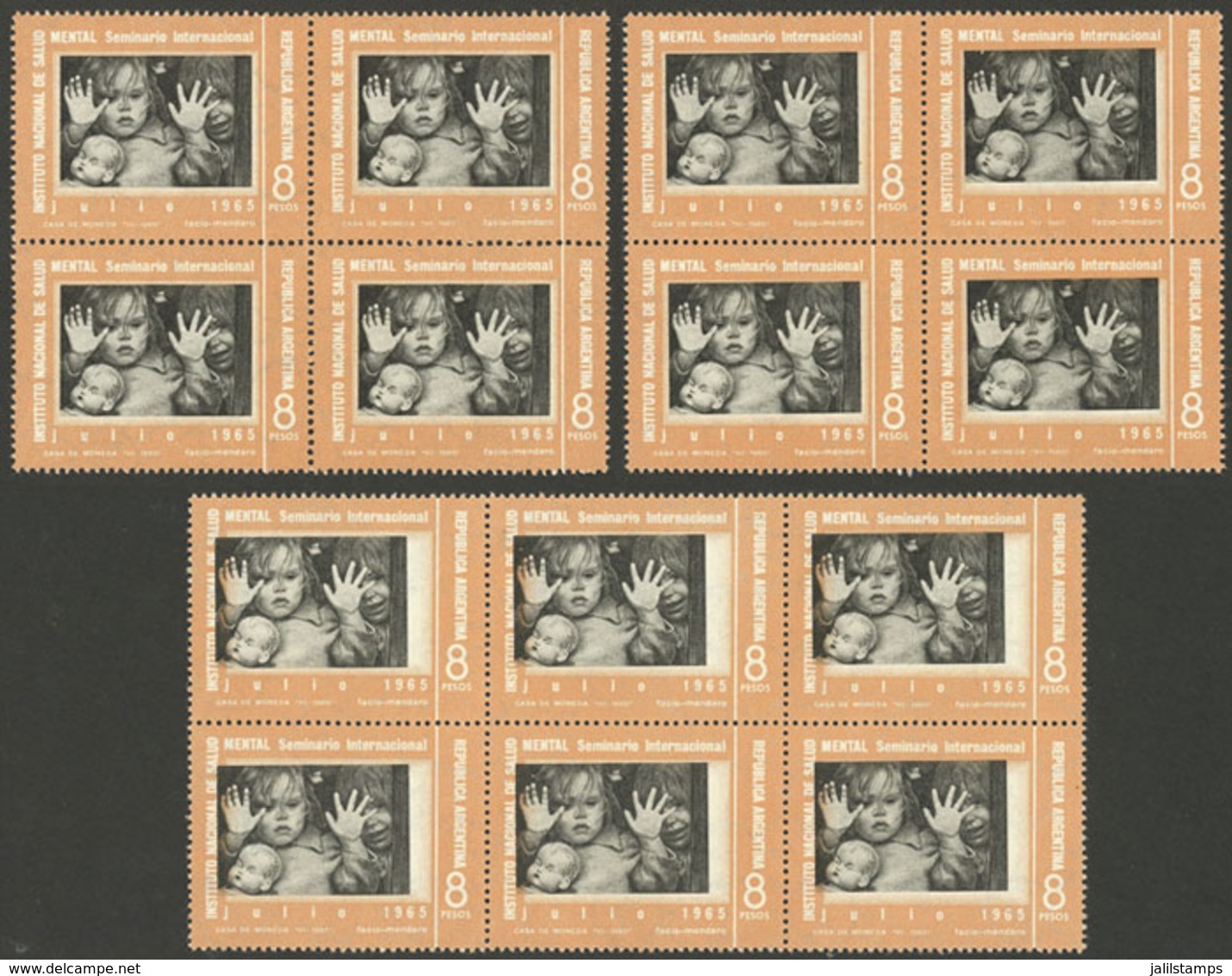 ARGENTINA: GJ.1332, 1965 Mental Health, Block Of 6 With The Vignette (black Color) Very Shifted To The Left (rare) - Autres & Non Classés