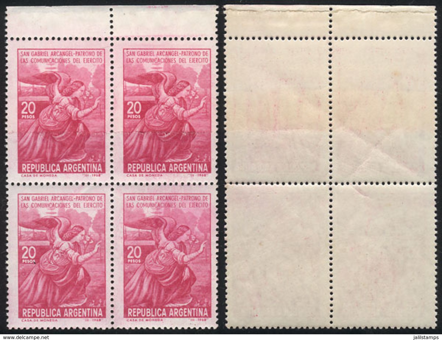 ARGENTINA: GJ.1442, 1968 Archangel Gabriel, Army Communications, Block Of 4 With End-of-roll Joined Paper Variety. - Sonstige & Ohne Zuordnung