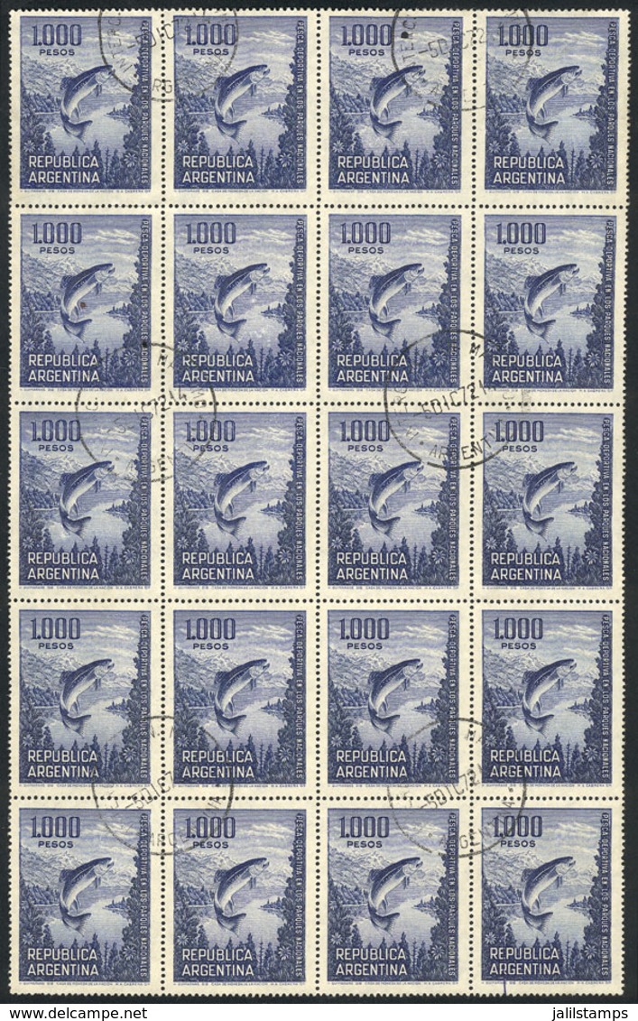 ARGENTINA: GJ.1496, 1969 1,000P.  Fishing, Large Used Block Of 20 Stamps, Excellent Quality, Very Rare! - Altri & Non Classificati