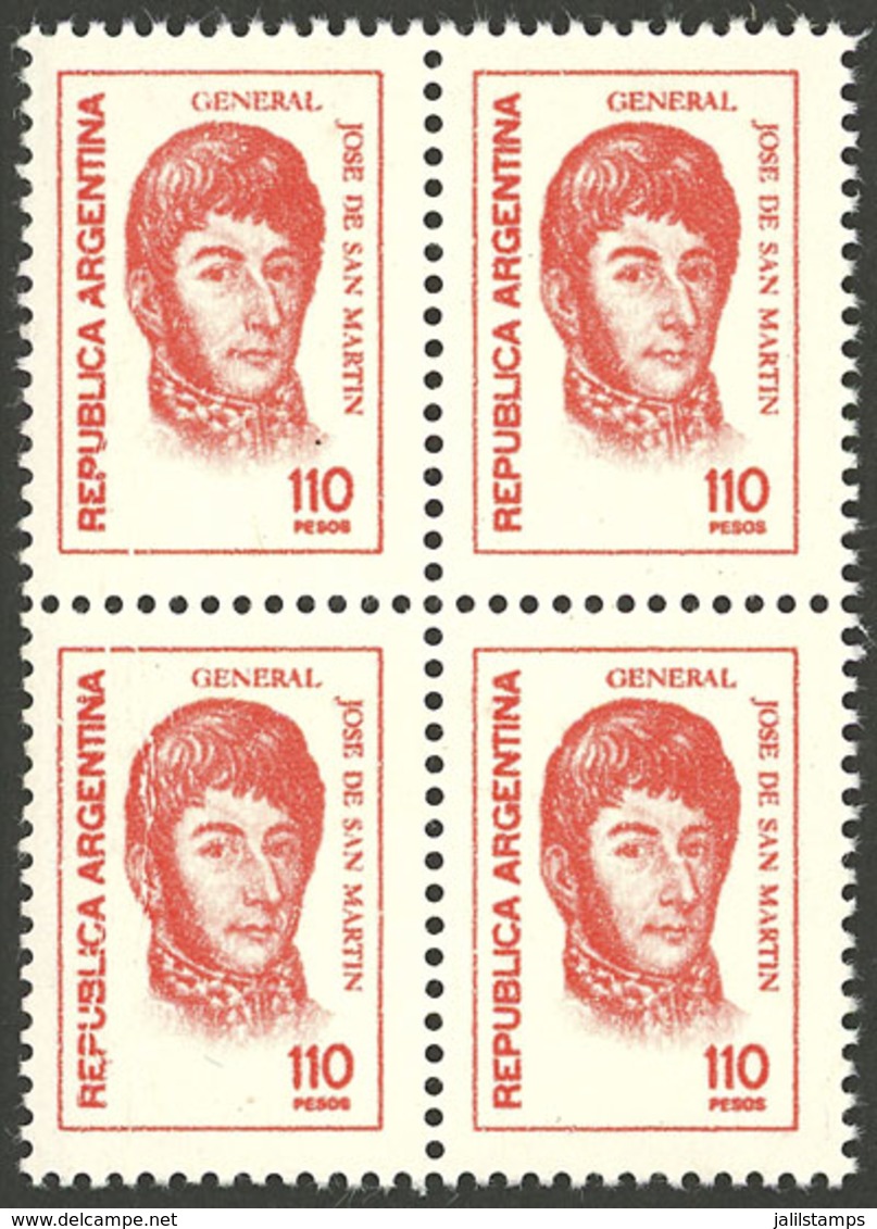 ARGENTINA: GJ.1758B, 1977/8 110P. San Martín, Block Of 4 Printed On FLUORESCENT UNSURFACED PAPER, Extremely Rare, F - Autres & Non Classés