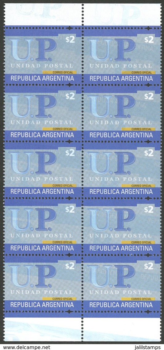 ARGENTINA: GJ.3183aa, 2002/8 2P. UP Stamp With Bright Gum, Block Of 10 With Variety: DOUBLE IMPRESSION Of Dark Blue - Otros & Sin Clasificación