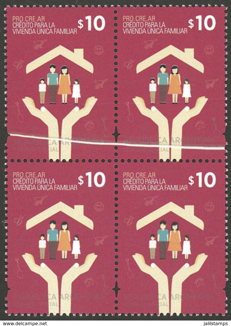 ARGENTINA: GJ.4016, 2014 10P. Housing Plan, Block Of 4 With Notable FOLD, VF Quality, Rare Variety In This Issue! - Autres & Non Classés